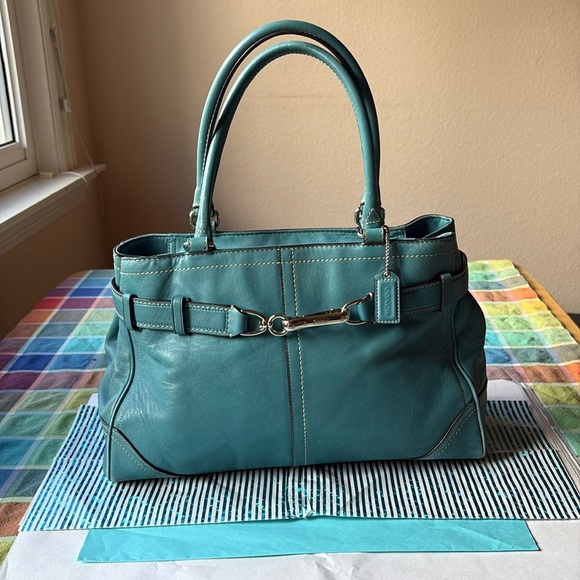 💐 COACH BLUE TEAL LEATHER HANDBAG  💐 - Picture 3 of 16